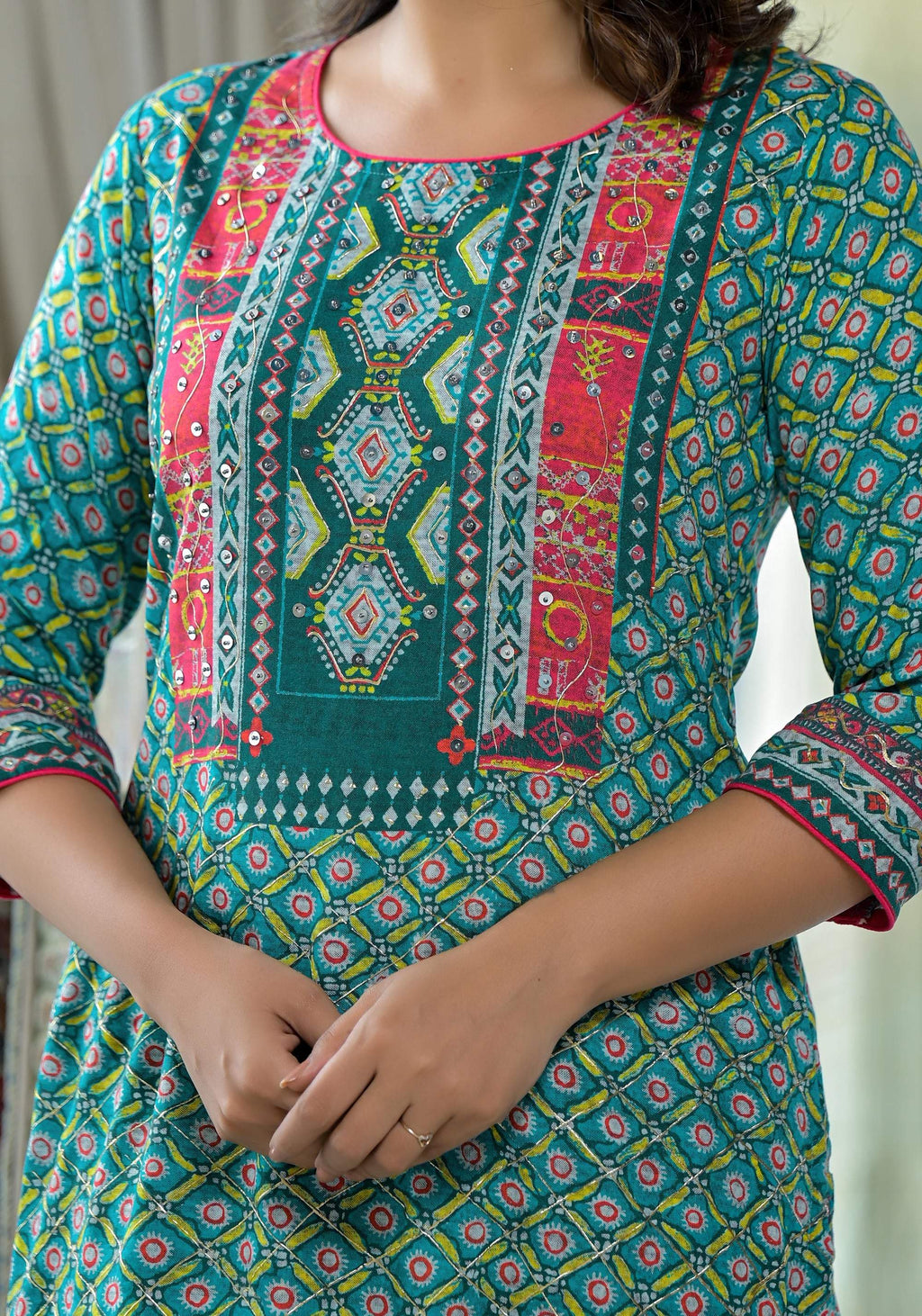 Juniper Teal Ethnic Motif Printed Liva Rayon Kurta With Sequins & Gota Patti Work - Distacart