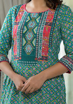 Juniper Teal Ethnic Motif Printed Liva Rayon Kurta With Sequins & Gota Patti Work - Distacart