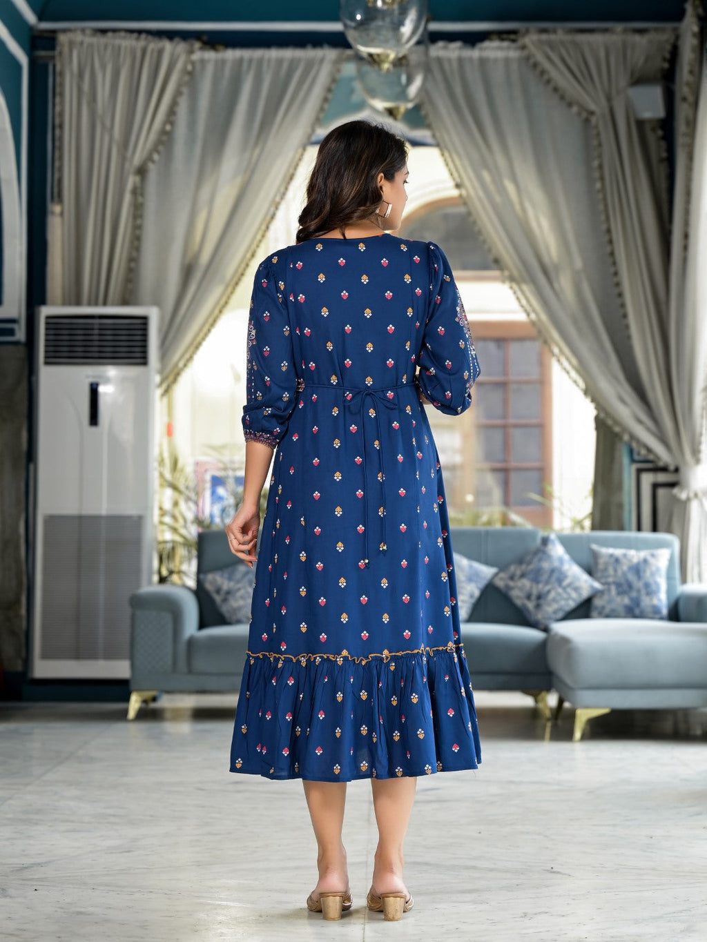 Juniper Women's Blue Ethnic Motif Printed Liva Rayon A-Lined Tiered Dress With Belt - Distacart