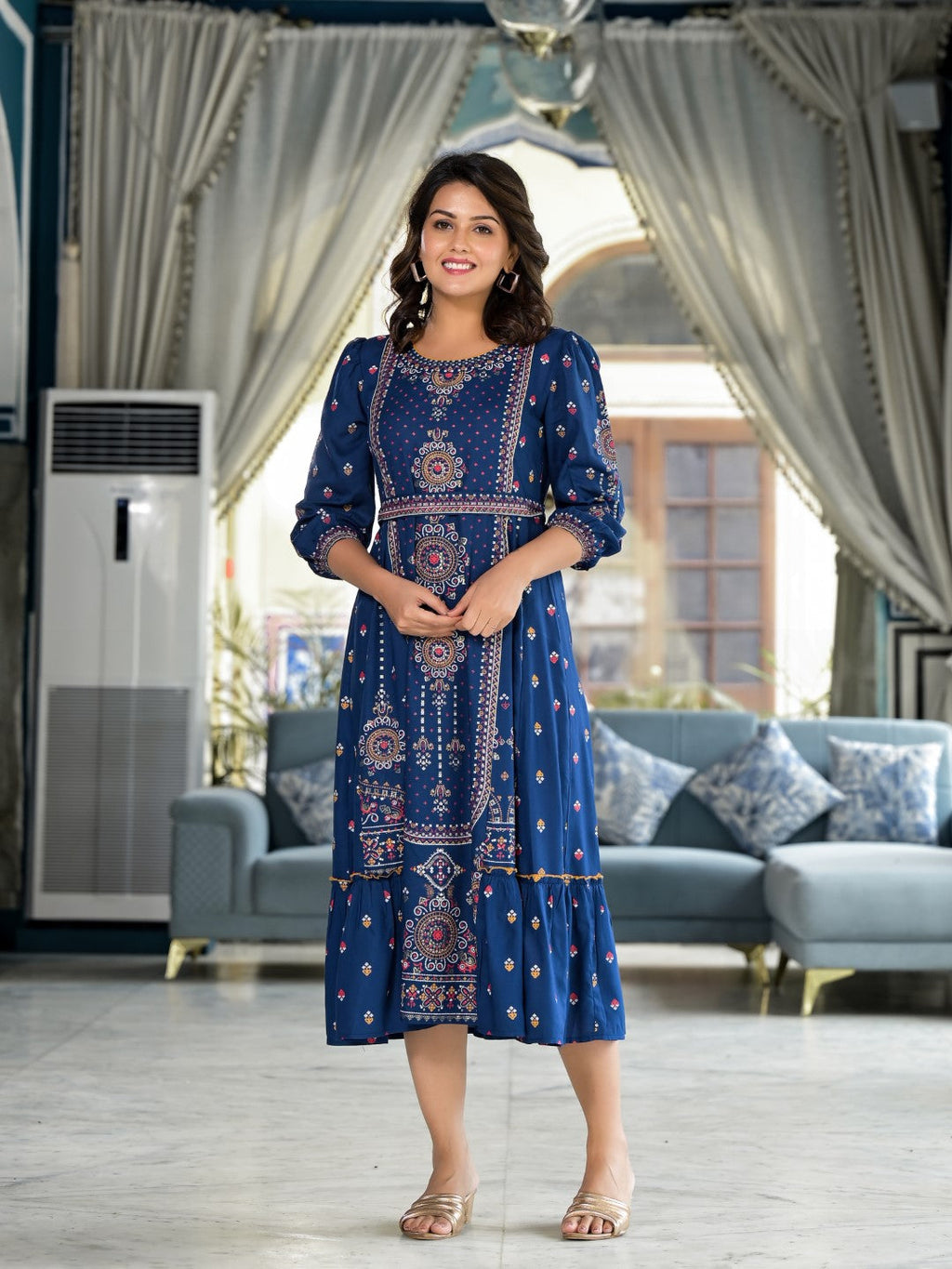 Juniper Women's Blue Ethnic Motif Printed Liva Rayon A-Lined Tiered Dress With Belt - Distacart