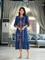 Juniper Women's Blue Ethnic Motif Printed Liva Rayon A-Lined Tiered Dress With Belt - Distacart