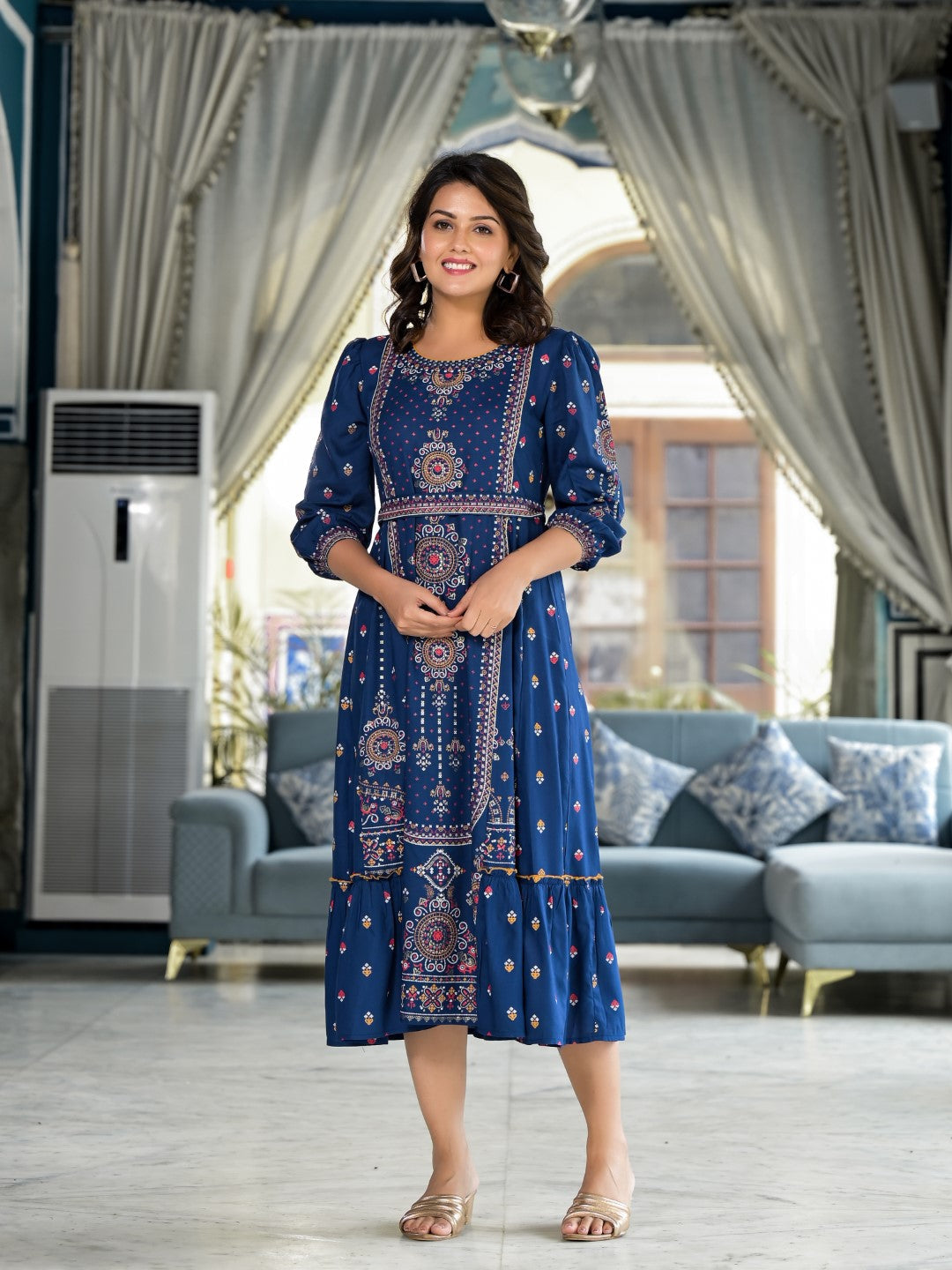 Juniper Women's Blue Ethnic Motif Printed Liva Rayon A-Lined Tiered Dress With Belt - Distacart