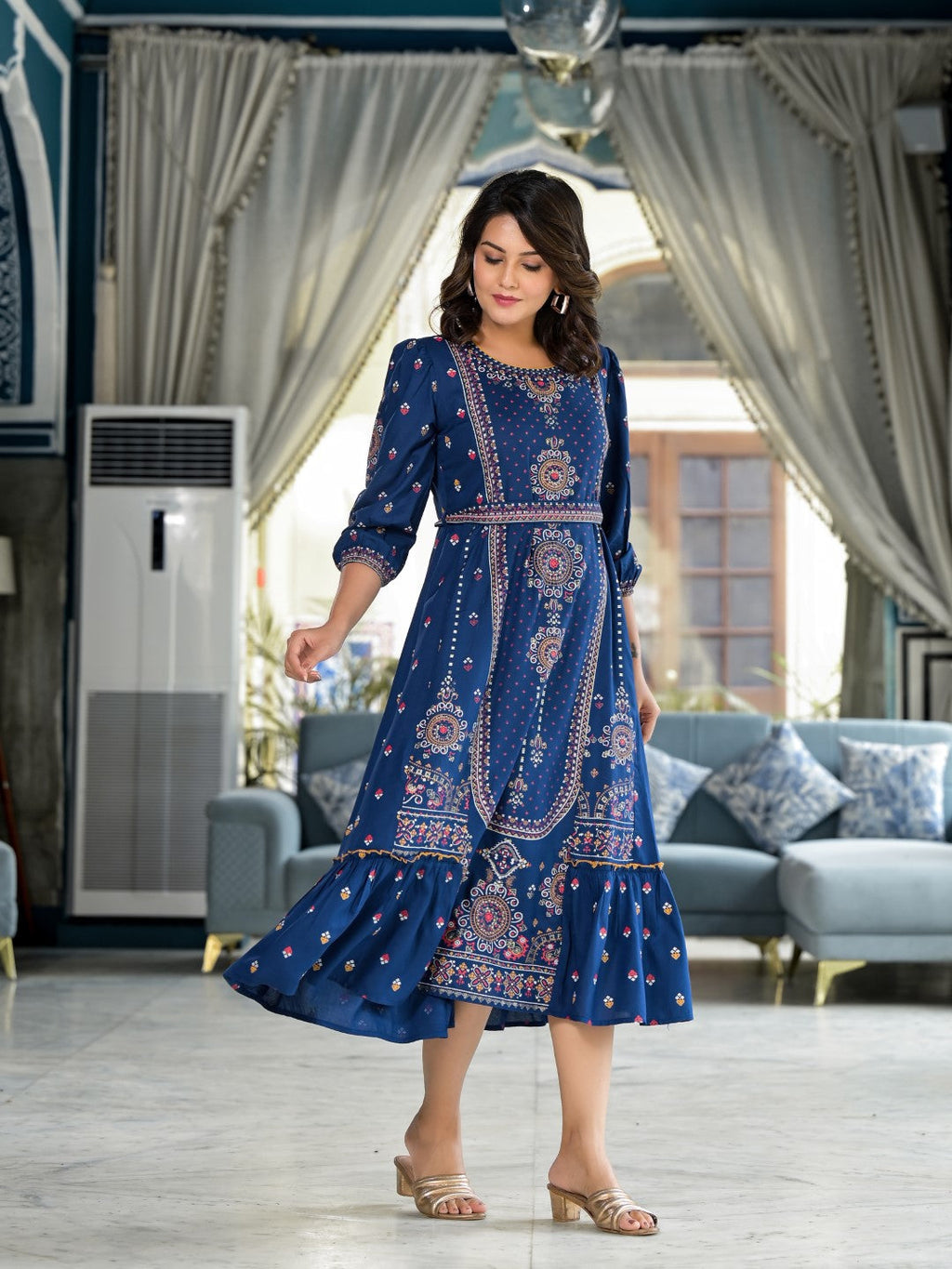 Juniper Women's Blue Ethnic Motif Printed Liva Rayon A-Lined Tiered Dress With Belt - Distacart