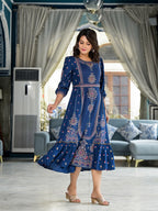 Juniper Women's Blue Ethnic Motif Printed Liva Rayon A-Lined Tiered Dress With Belt - Distacart