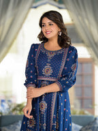 Juniper Women's Blue Ethnic Motif Printed Liva Rayon A-Lined Tiered Dress With Belt - Distacart