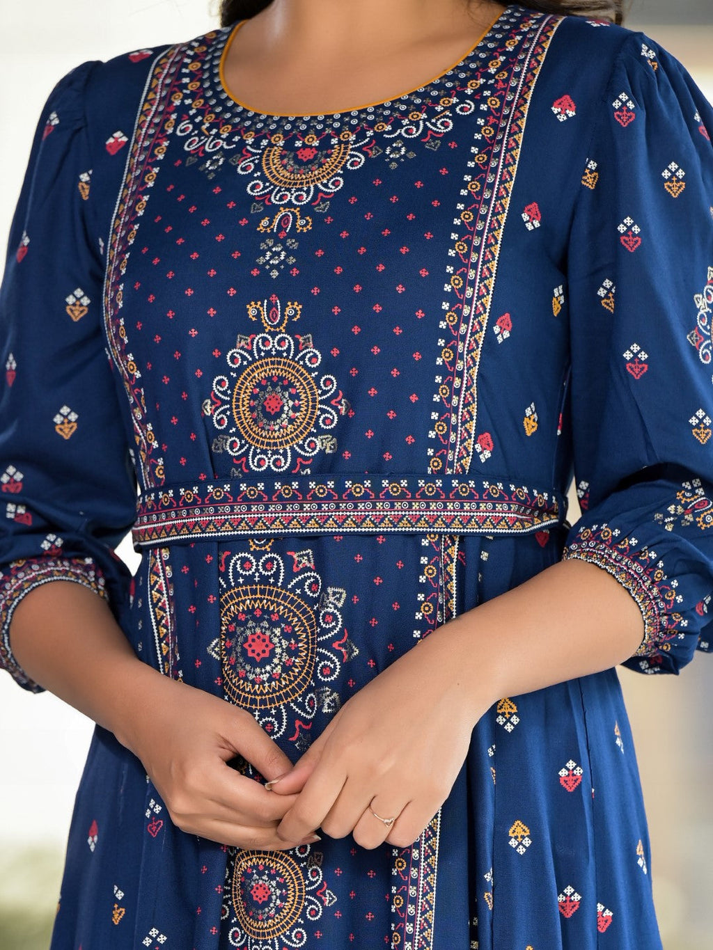 Juniper Women's Blue Ethnic Motif Printed Liva Rayon A-Lined Tiered Dress With Belt - Distacart