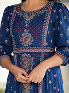 Juniper Women's Blue Ethnic Motif Printed Liva Rayon A-Lined Tiered Dress With Belt - Distacart