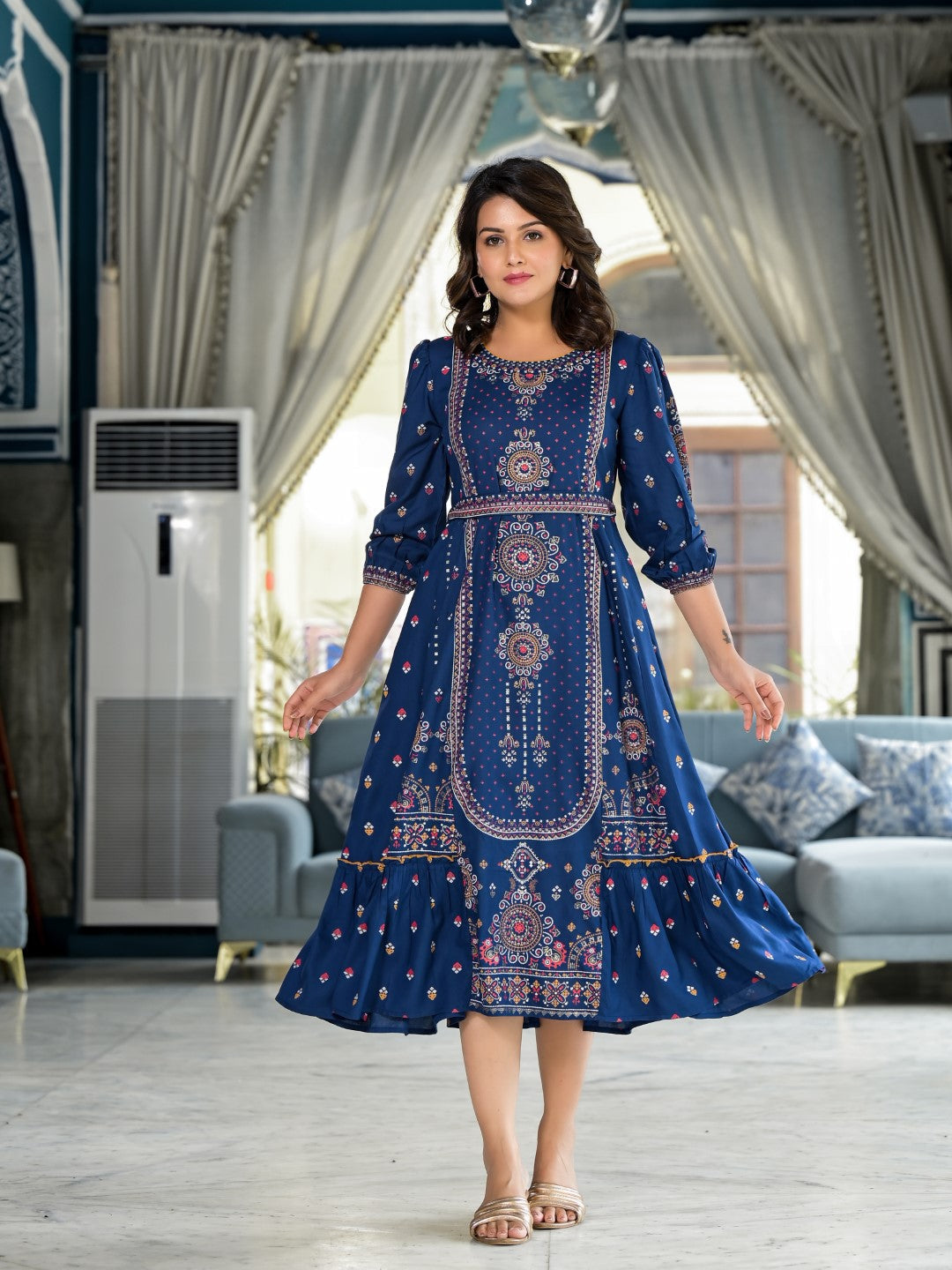 Juniper Women's Blue Ethnic Motif Printed Liva Rayon A-Lined Tiered Dress With Belt - Distacart