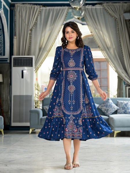 Juniper Women's Blue Ethnic Motif Printed Liva Rayon A-Lined Tiered Dress With Belt