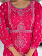 Juniper Fuchsia Ethnic Motif Printed Liva Rayon A-Lined Tiered Dress With Belt - Distacart
