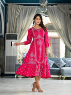 Juniper Fuchsia Ethnic Motif Printed Liva Rayon A-Lined Tiered Dress With Belt - Distacart