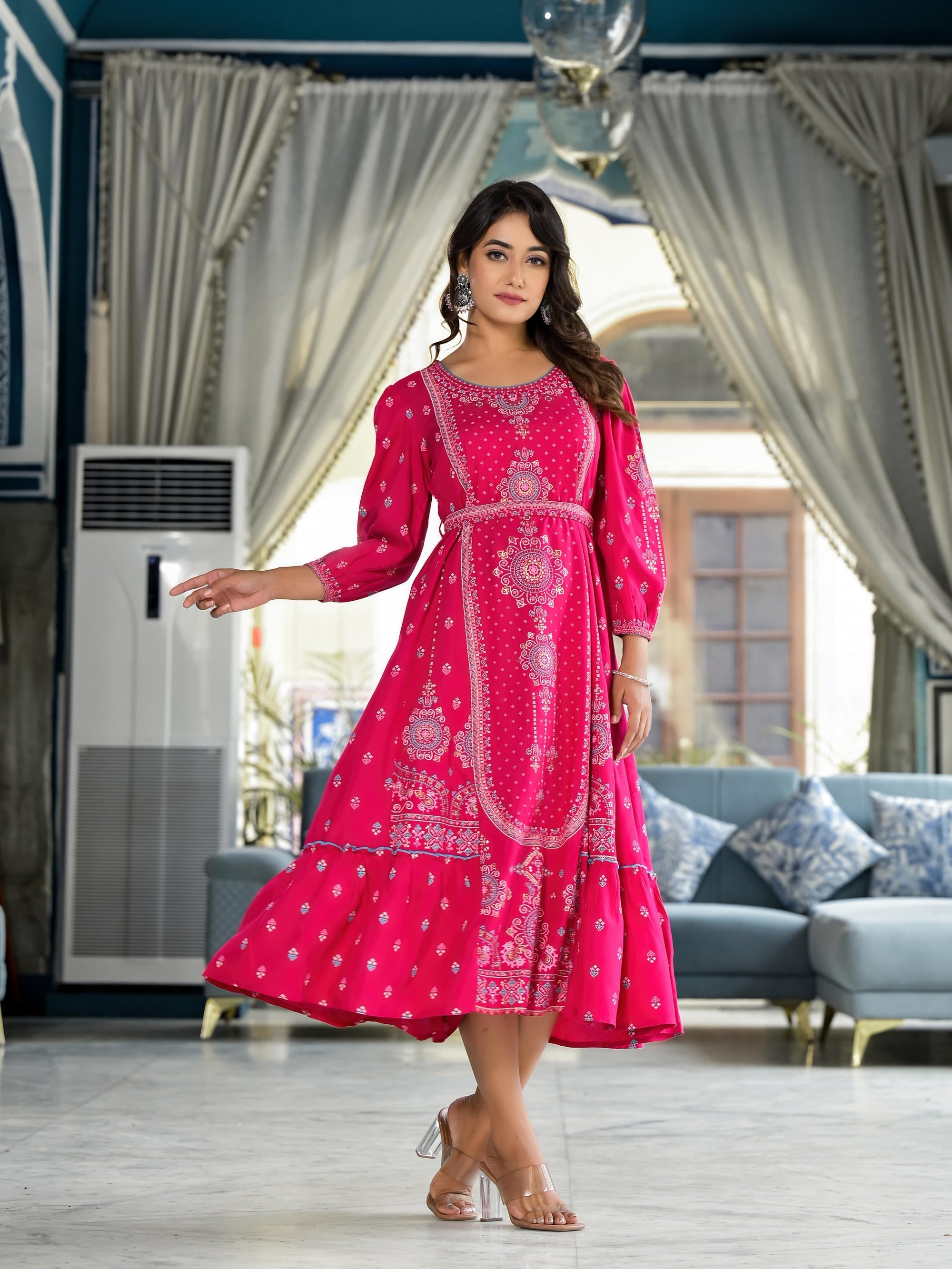 Juniper Fuchsia Ethnic Motif Printed Liva Rayon A-Lined Tiered Dress With Belt - Distacart