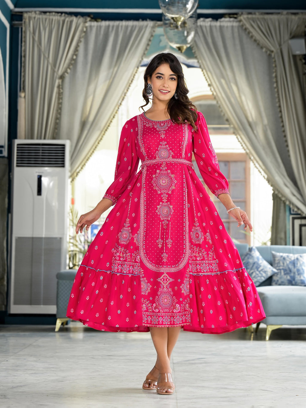 Juniper Fuchsia Ethnic Motif Printed Liva Rayon A-Lined Tiered Dress With Belt - Distacart