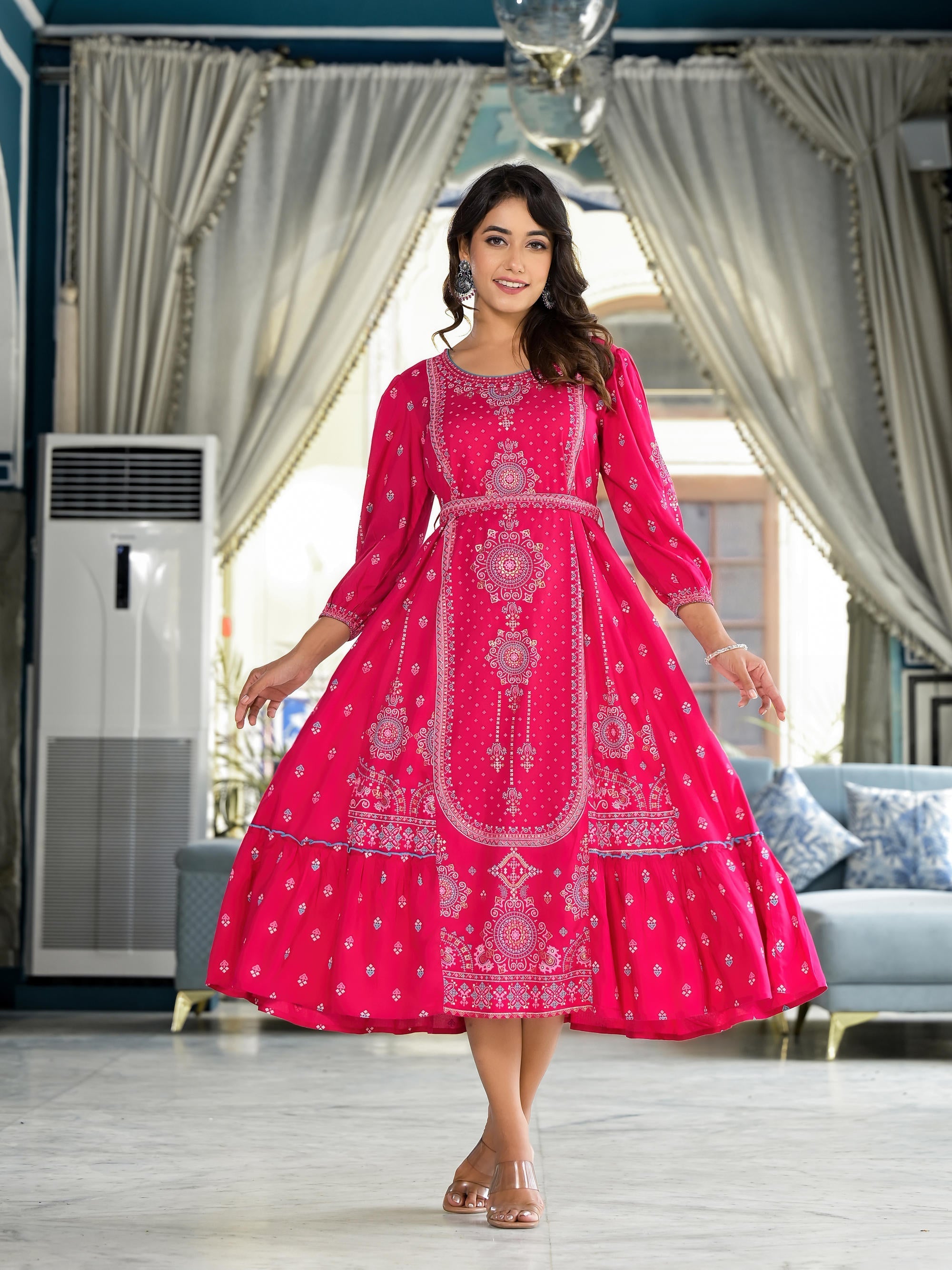 Juniper Fuchsia Ethnic Motif Printed Liva Rayon A-Lined Tiered Dress With Belt - Distacart