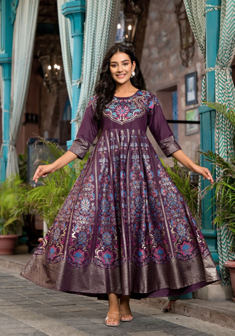 Juniper Women's Plum Ethnic Motif Printed Santoon Dress With Thread & Zari Work - Distacart