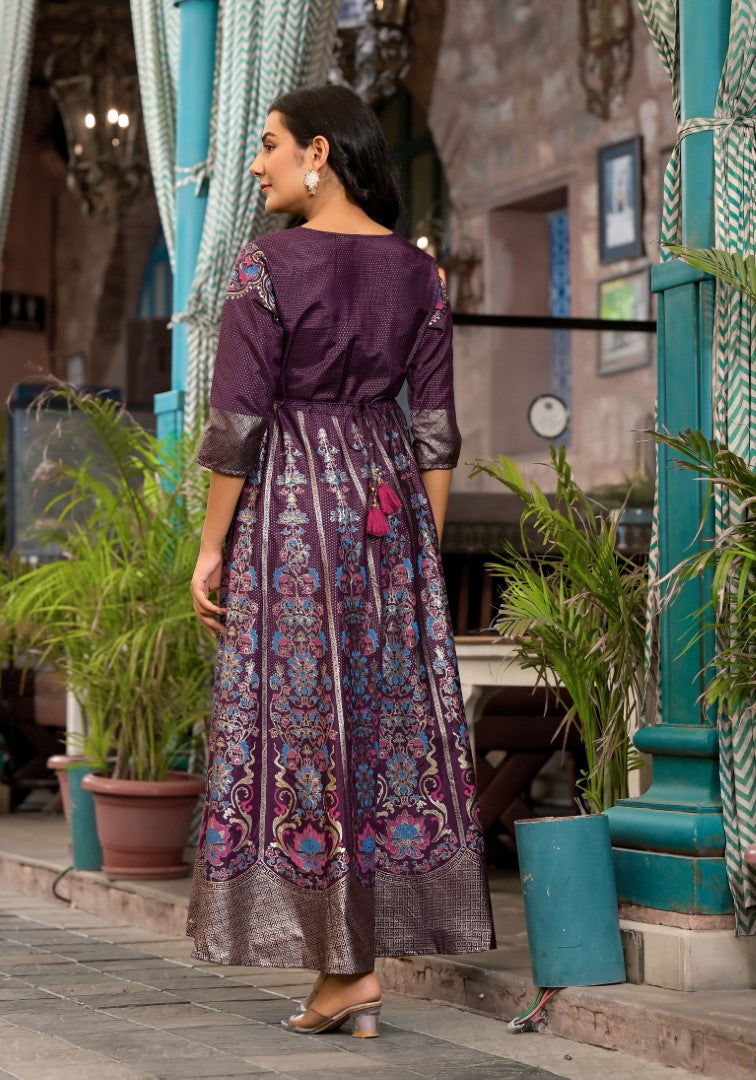 Juniper Women's Plum Ethnic Motif Printed Santoon Dress With Thread & Zari Work - Distacart