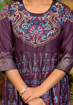 Juniper Women's Plum Ethnic Motif Printed Santoon Dress With Thread & Zari Work - Distacart