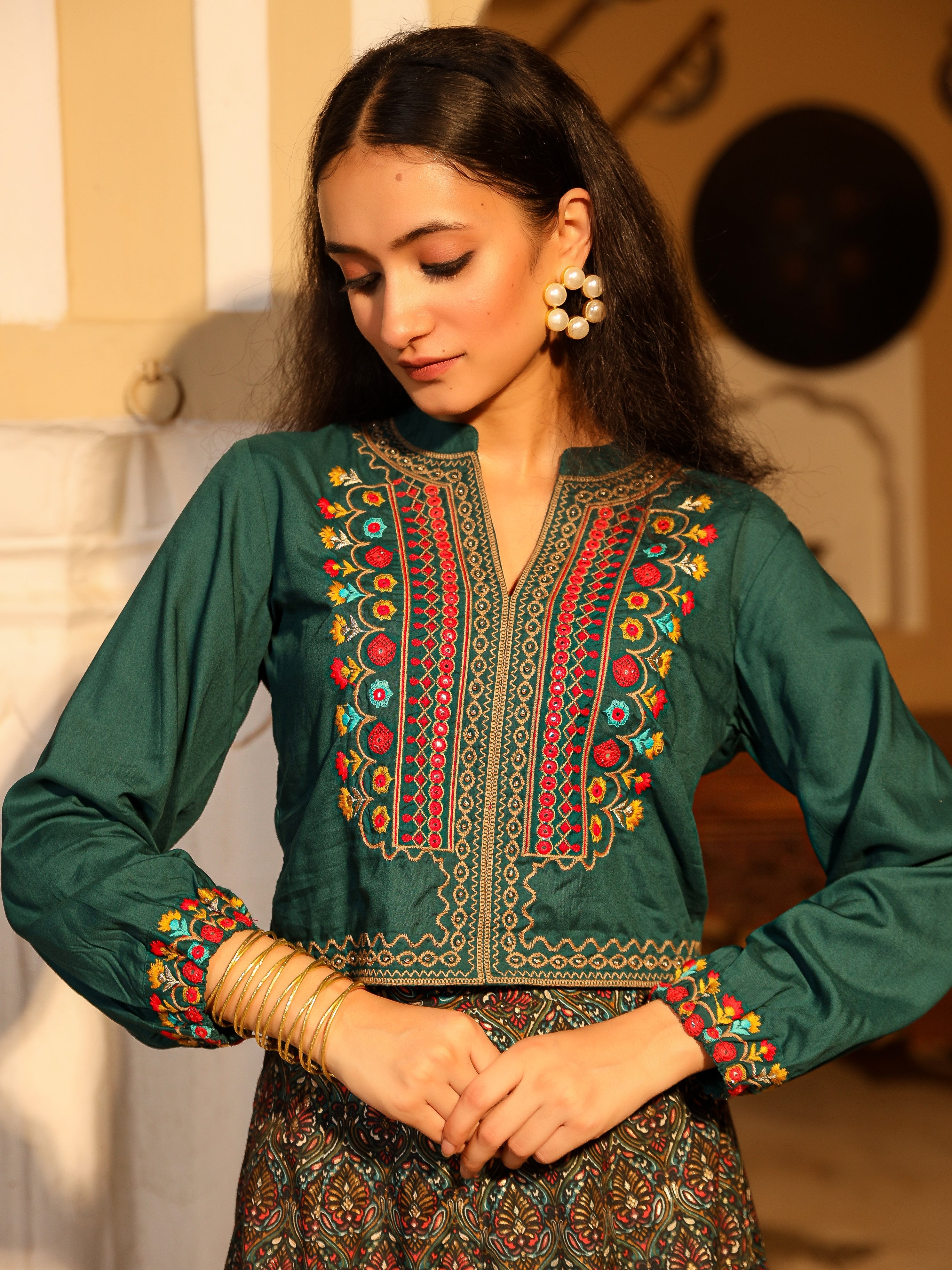Juniper Women's Blue Viscose Rayon Embroidered Top & Skirt