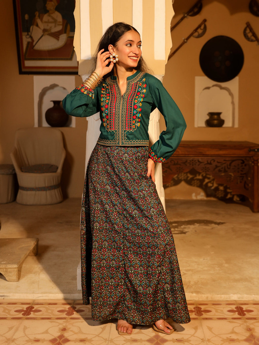 Juniper Women's Blue Viscose Rayon Embroidered Top & Skirt