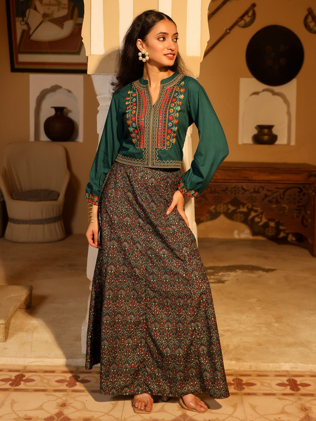 Juniper Women's Blue Viscose Rayon Embroidered Top & Skirt