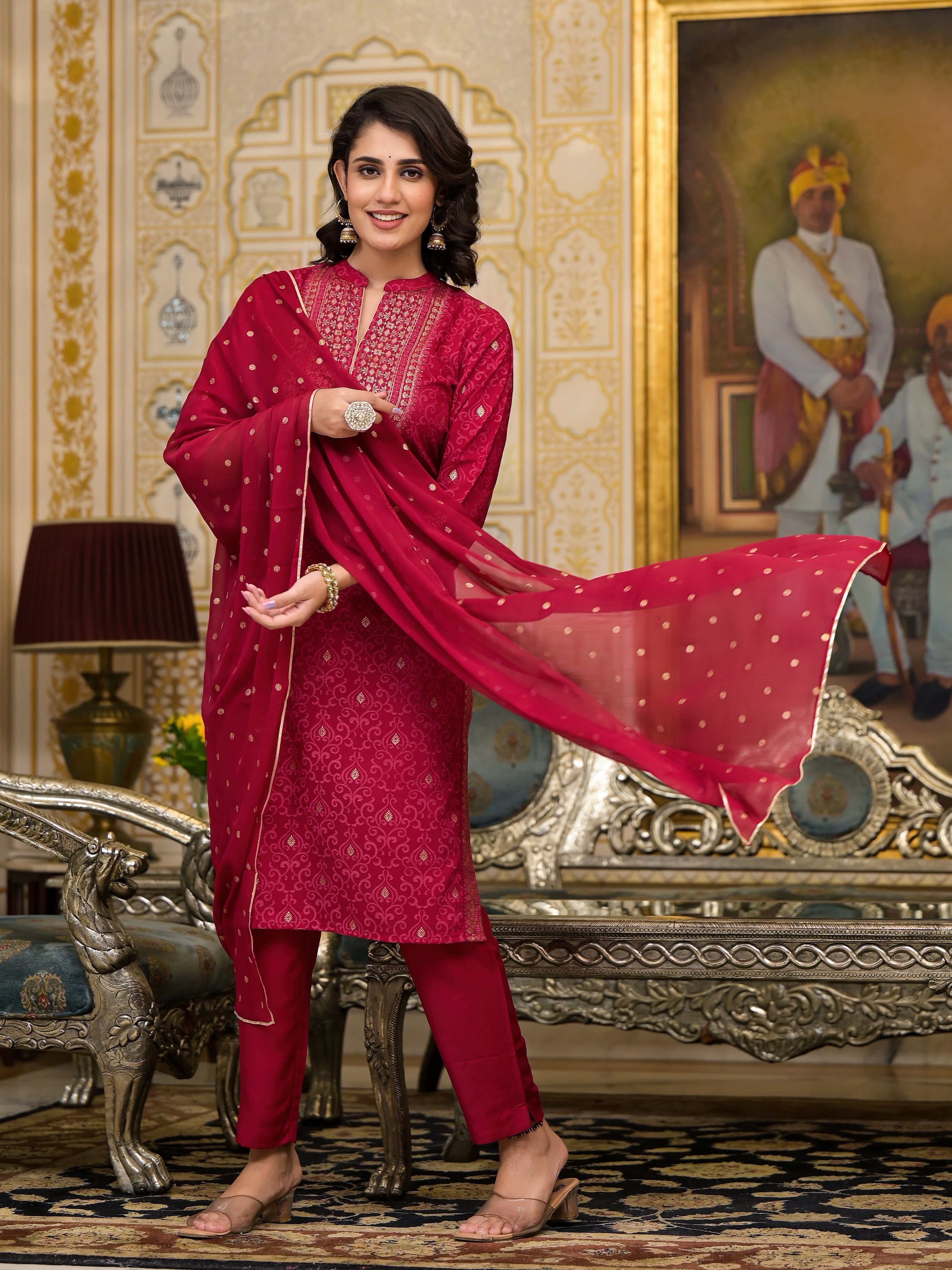 Juniper Women's Women Red Printed Straight Kurta Pants & Dupatta Set - Distacart