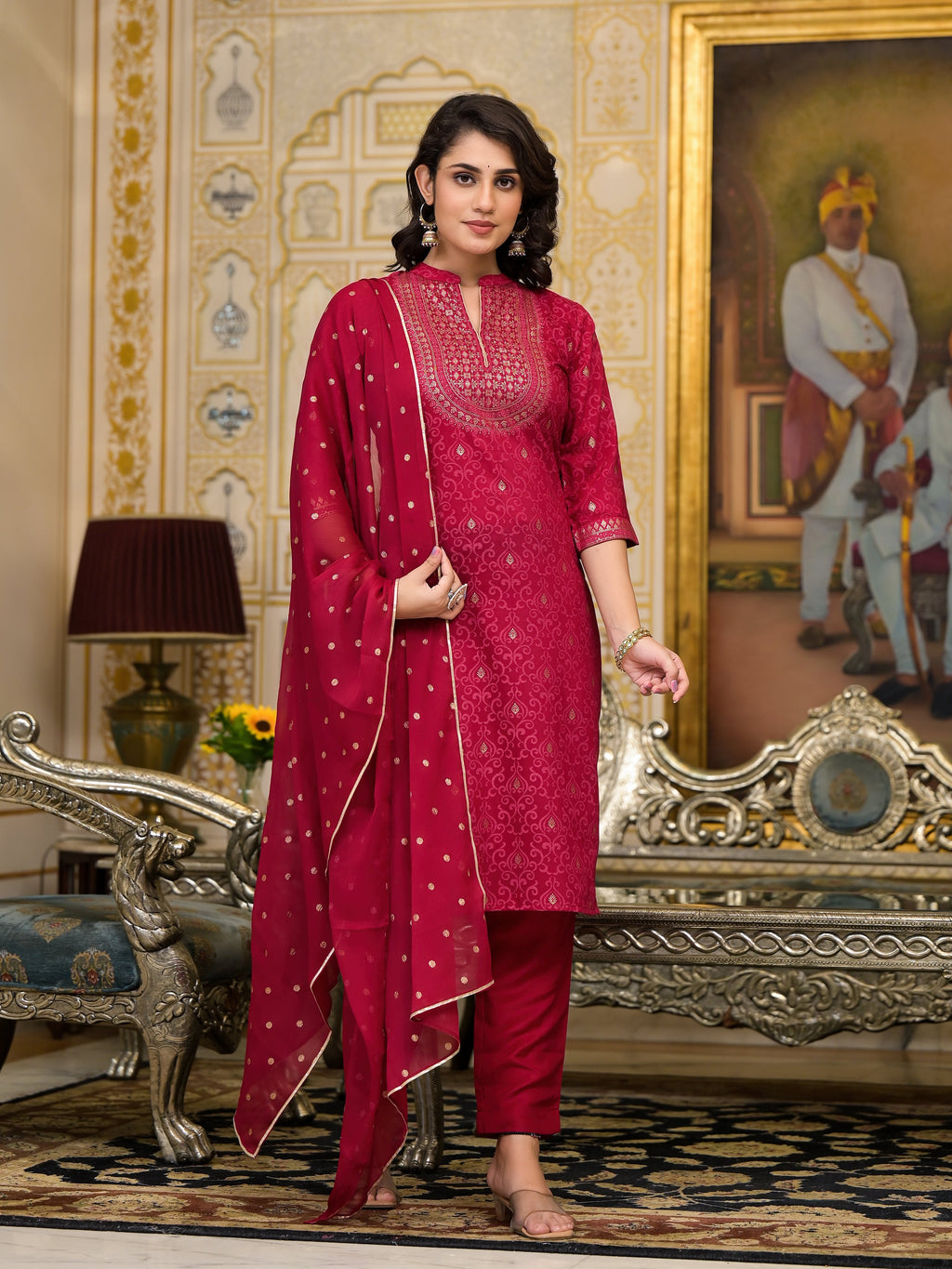 Juniper Women's Women Red Printed Straight Kurta Pants & Dupatta Set - Distacart