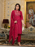 Juniper Women's Women Red Printed Straight Kurta Pants & Dupatta Set - Distacart