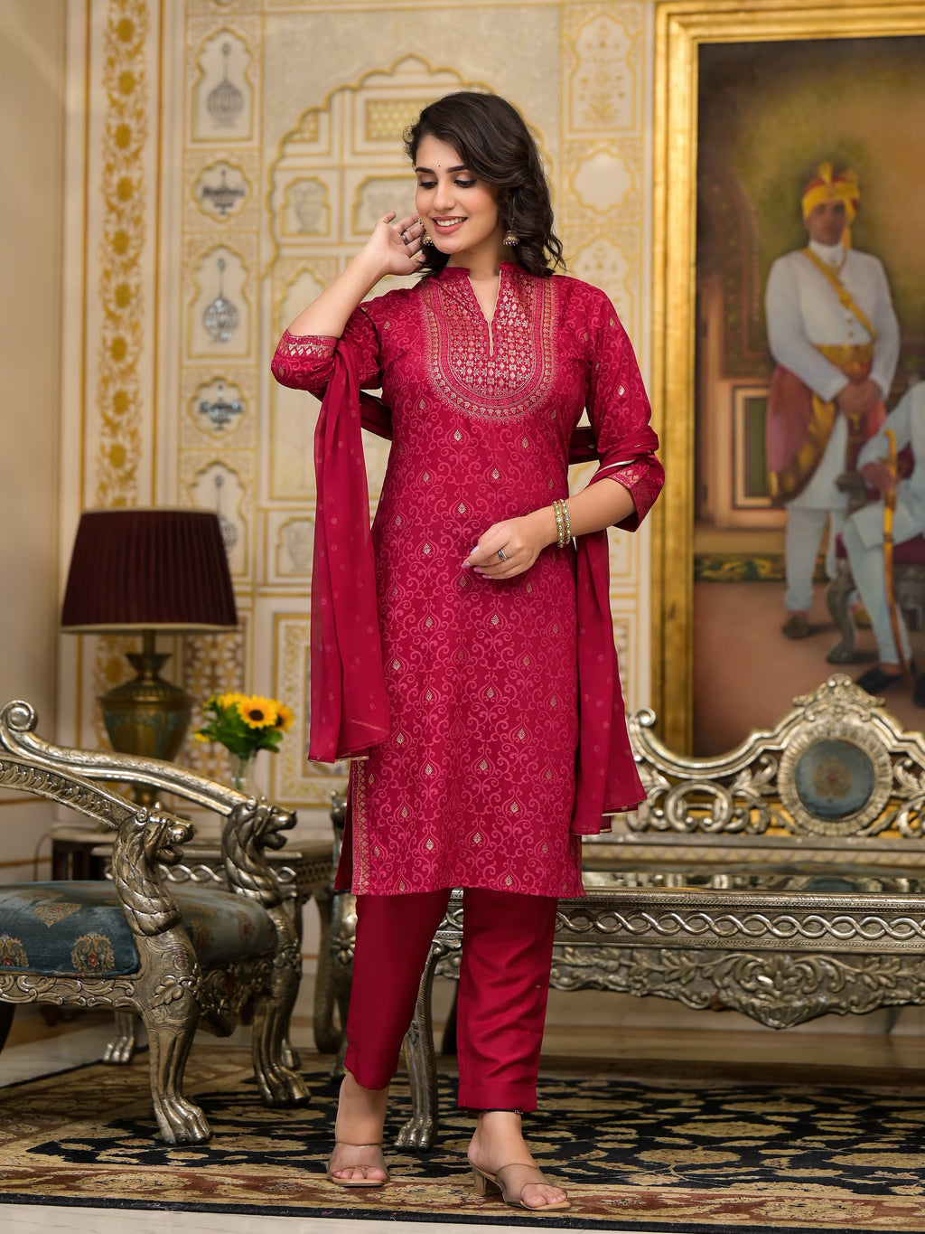 Juniper Women's Women Red Printed Straight Kurta Pants & Dupatta Set - Distacart