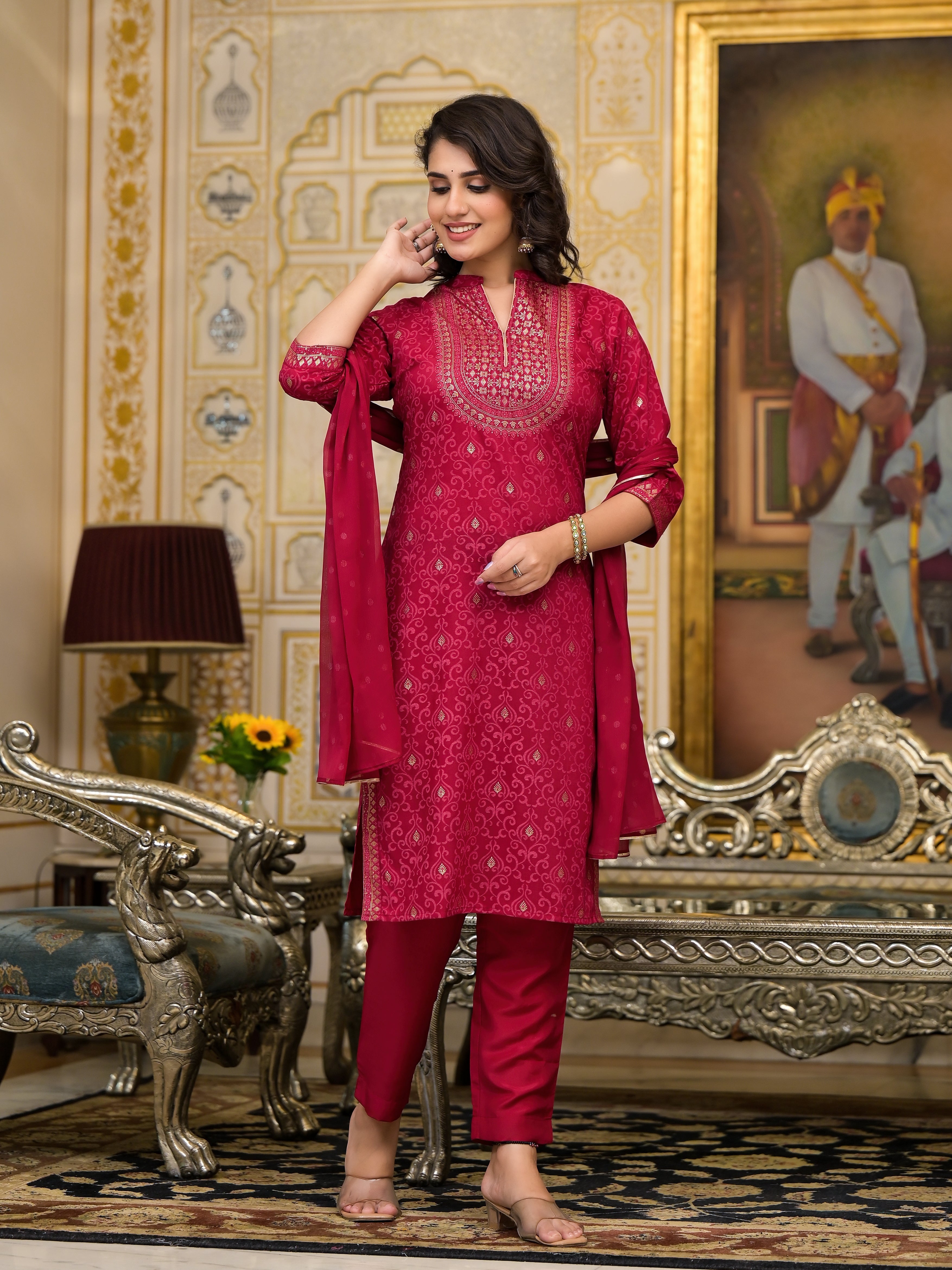 Juniper Women's Women Red Printed Straight Kurta Pants & Dupatta Set - Distacart