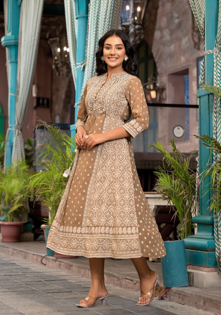 Juniper Women's Brown Ethnic Motif Printed Georgette A-Lined Dress With Sequins & Doris - Distacart