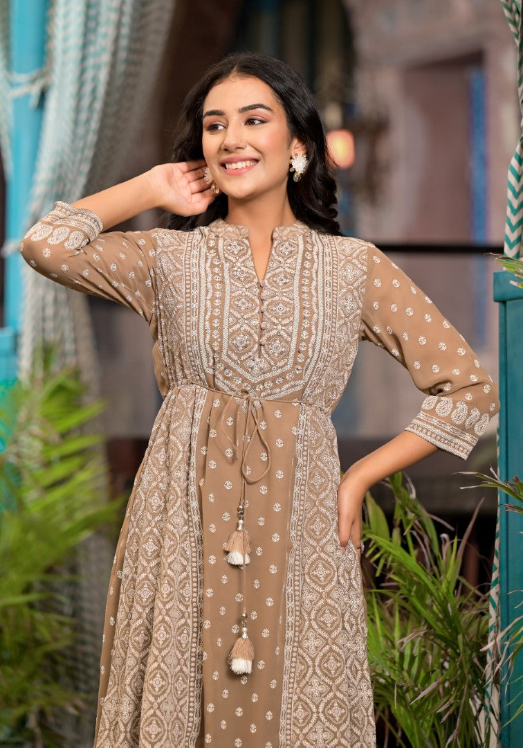 Juniper Women's Brown Ethnic Motif Printed Georgette A-Lined Dress With Sequins & Doris - Distacart