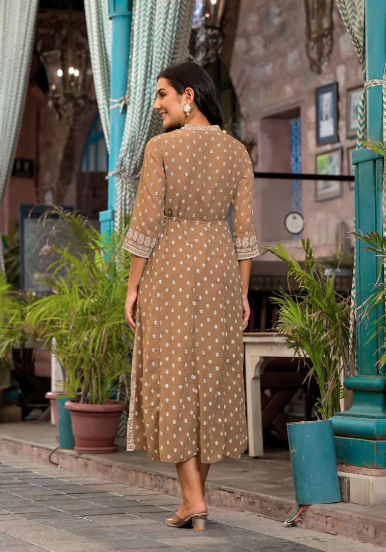Juniper Women's Brown Ethnic Motif Printed Georgette A-Lined Dress With Sequins & Doris - Distacart