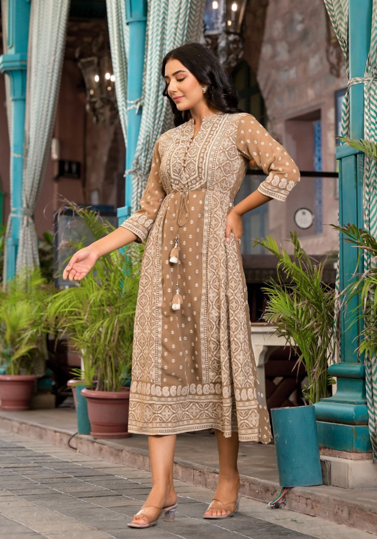 Juniper Women's Brown Ethnic Motif Printed Georgette A-Lined Dress With Sequins & Doris - Distacart