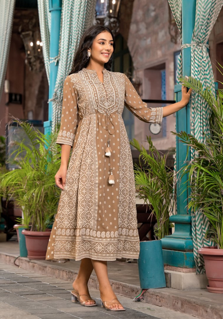 Juniper Women's Brown Ethnic Motif Printed Georgette A-Lined Dress With Sequins & Doris - Distacart
