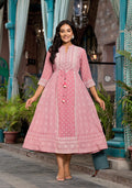 Juniper Pink Ethnic Motif Printed Georgette A-Lined Dress With Sequins & Doris - Distacart
