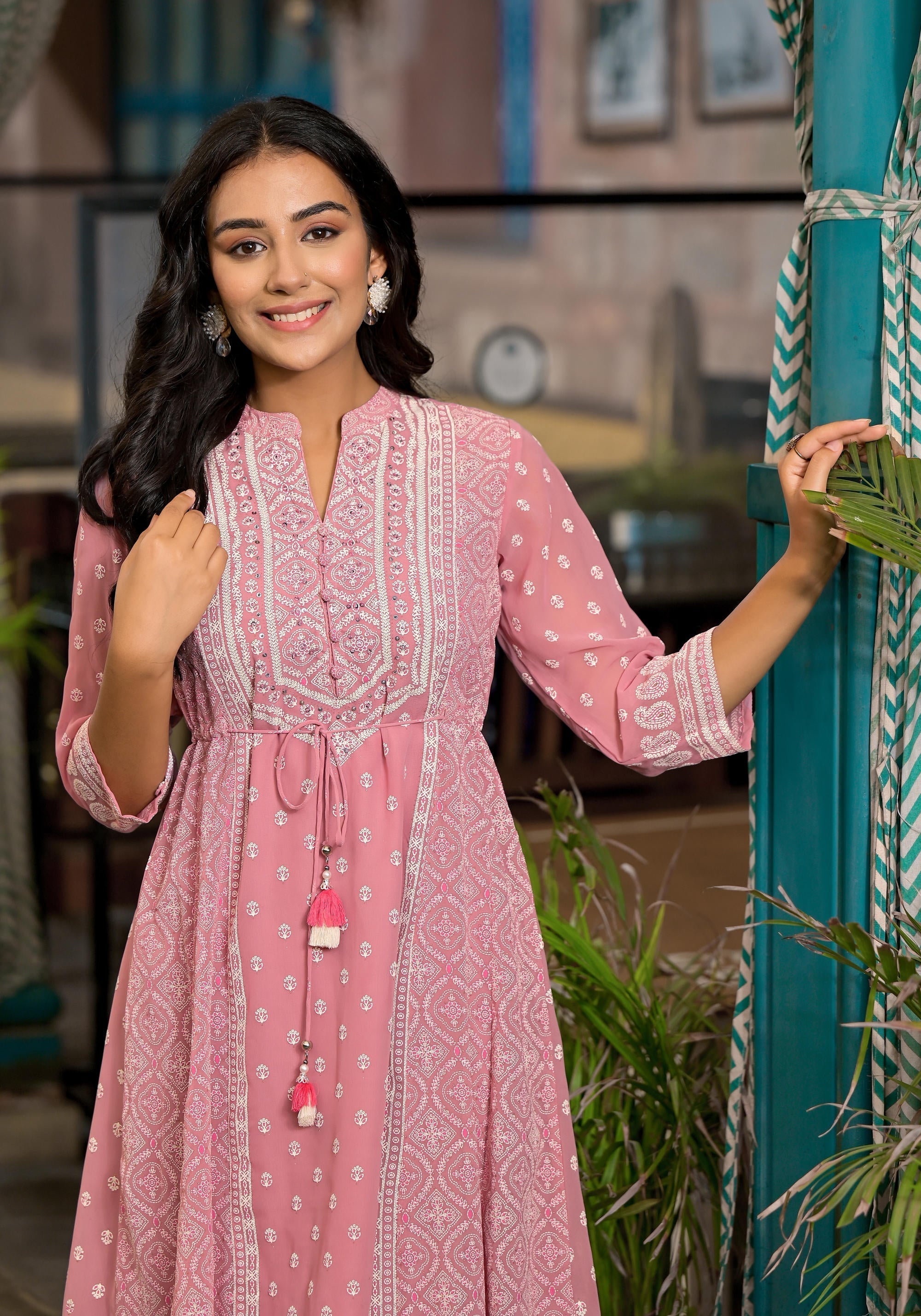 Juniper Pink Ethnic Motif Printed Georgette A-Lined Dress With Sequins & Doris - Distacart