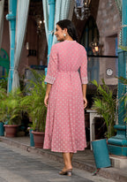 Juniper Pink Ethnic Motif Printed Georgette A-Lined Dress With Sequins & Doris - Distacart