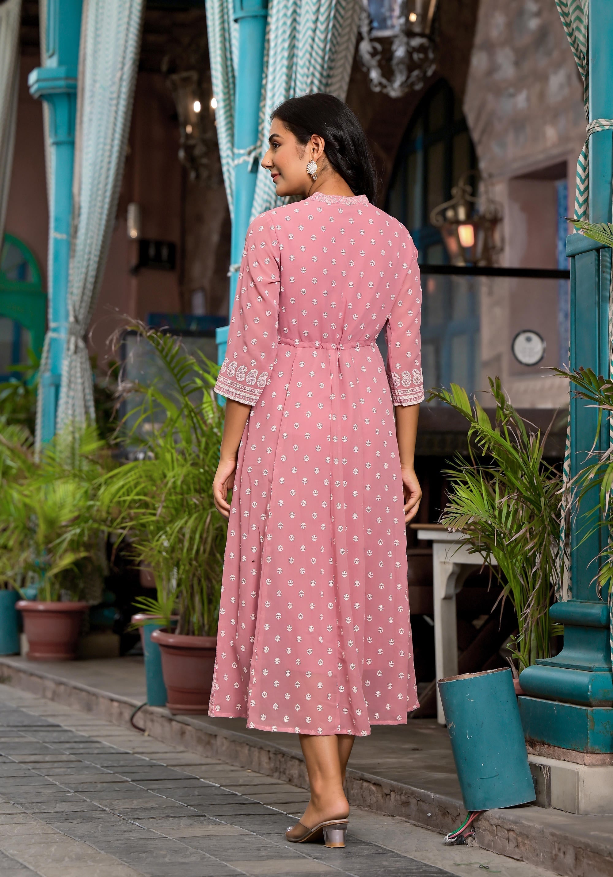 Juniper Pink Ethnic Motif Printed Georgette A-Lined Dress With Sequins & Doris - Distacart