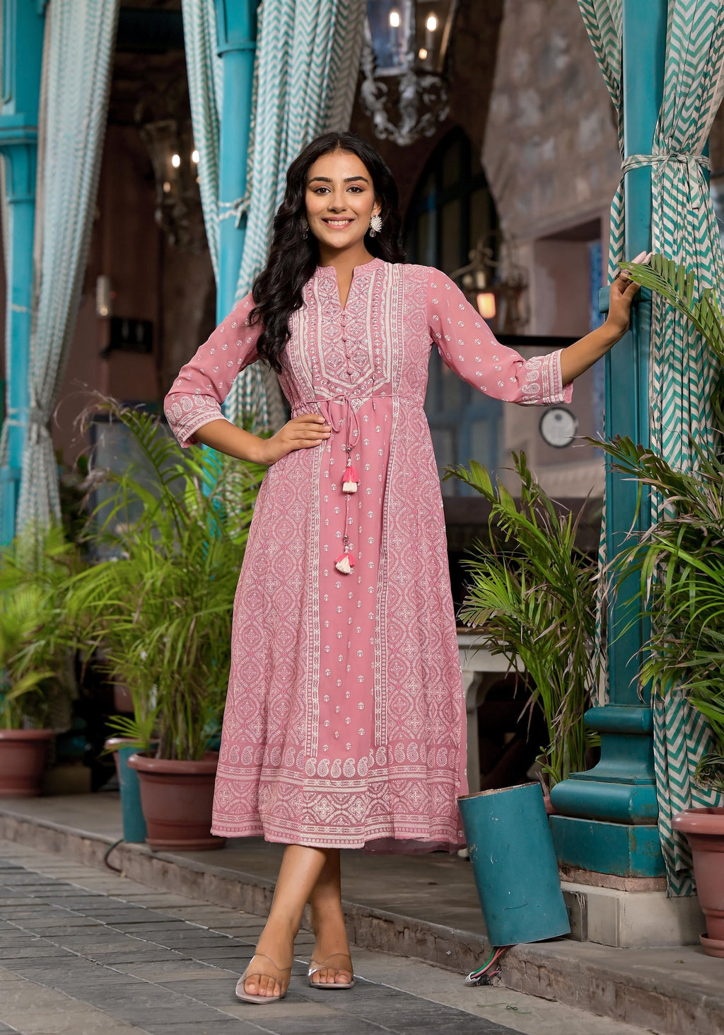 Juniper Pink Ethnic Motif Printed Georgette A-Lined Dress With Sequins & Doris - Distacart