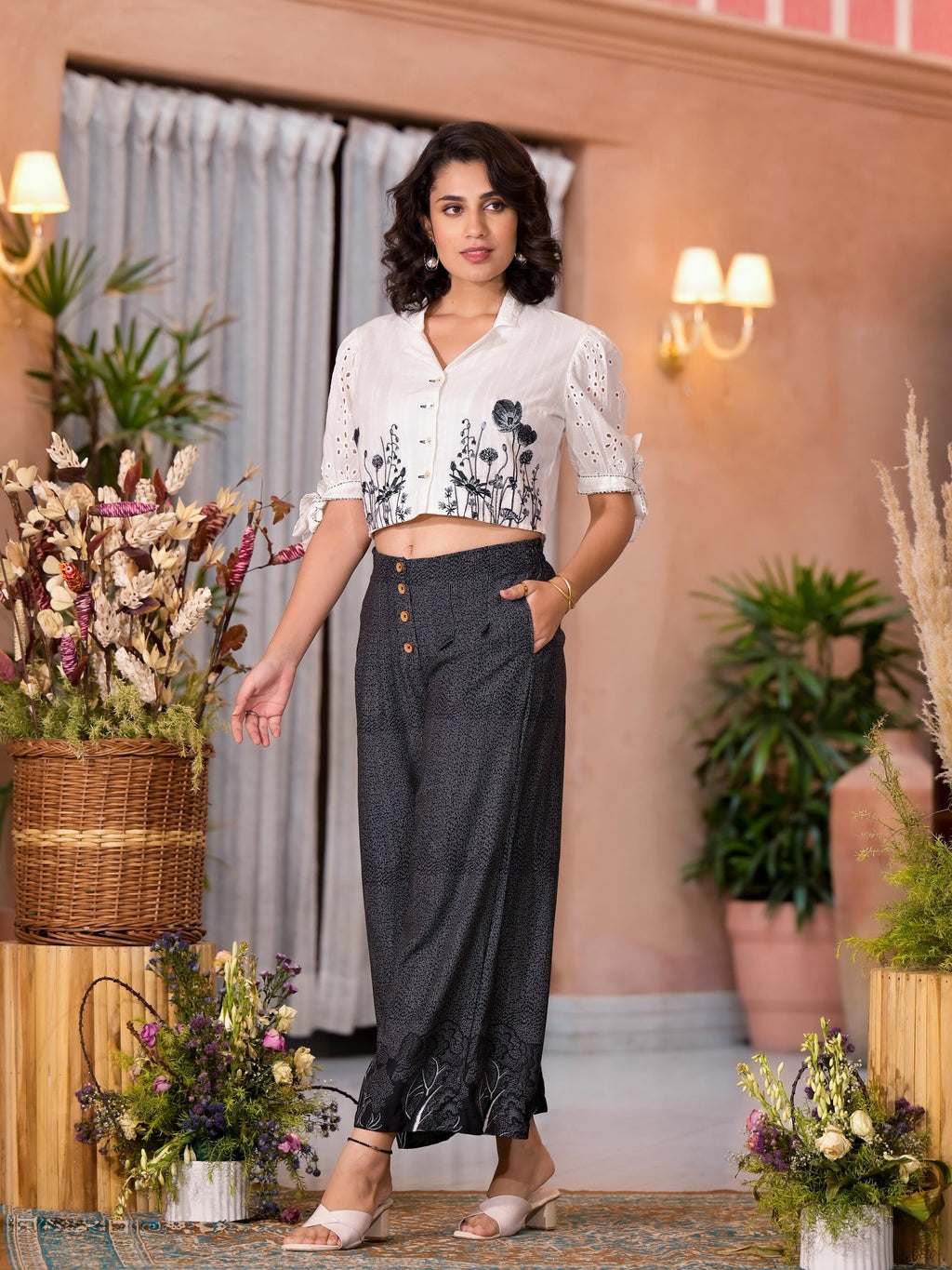 Juniper Women's Black Pure Cotton Embroidered Top Set