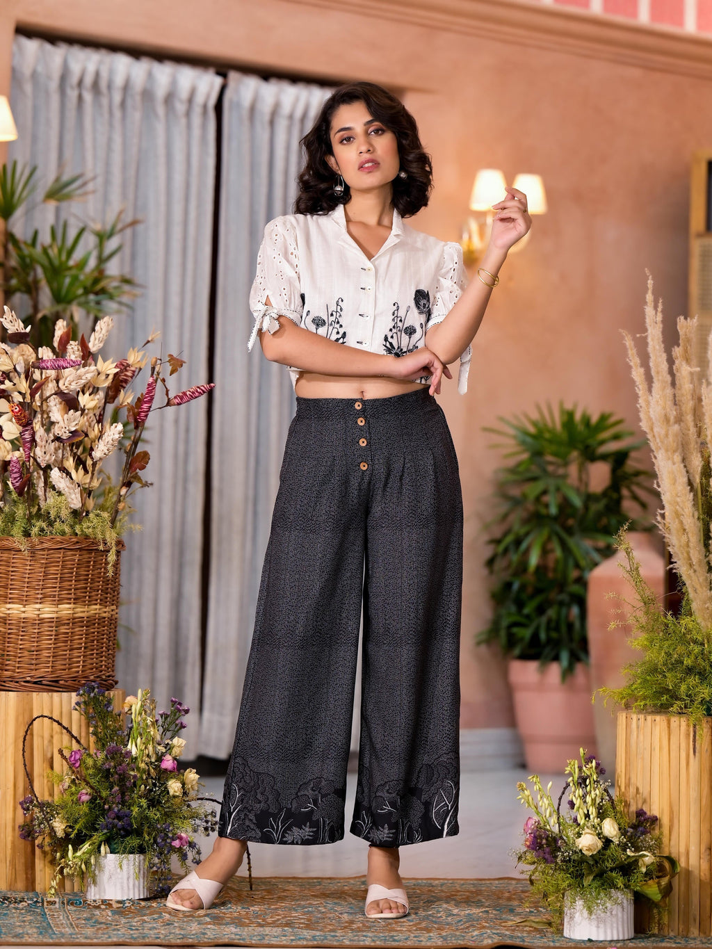 Juniper Women's Black Pure Cotton Embroidered Top Set