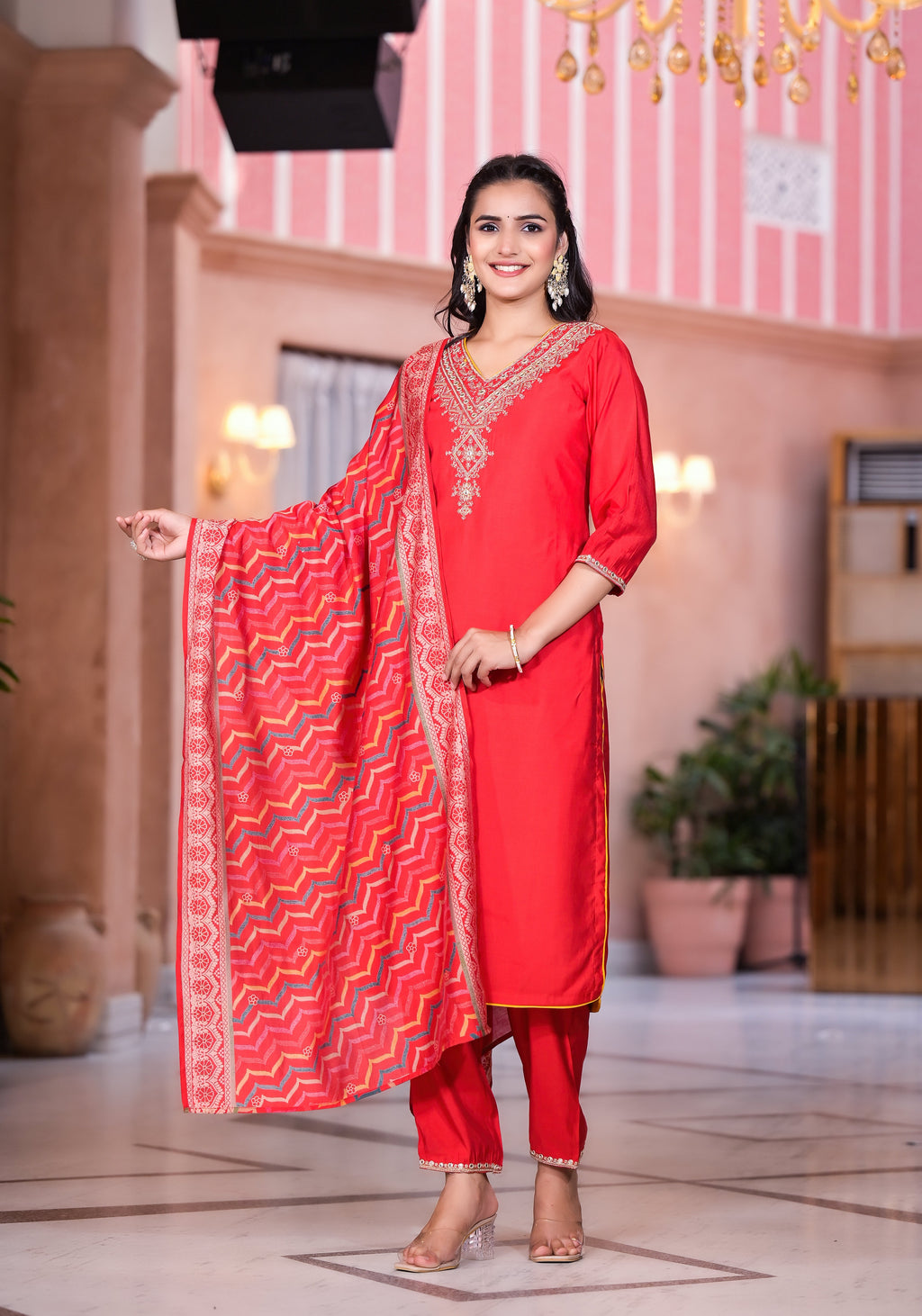 Juniper Women's Red Zari Embroidered Viscose Kurta Set With Mirror Work