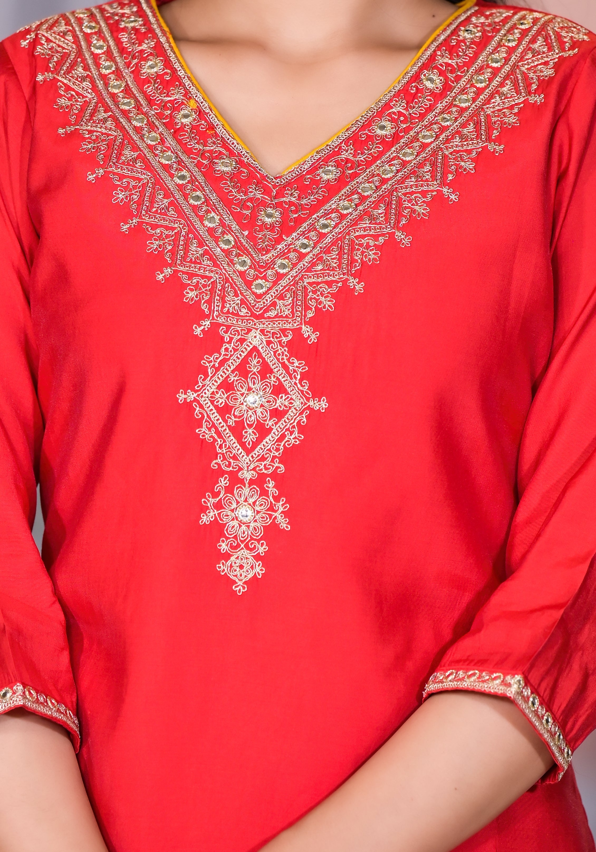 Juniper Women's Red Zari Embroidered Viscose Kurta Set With Mirror Work