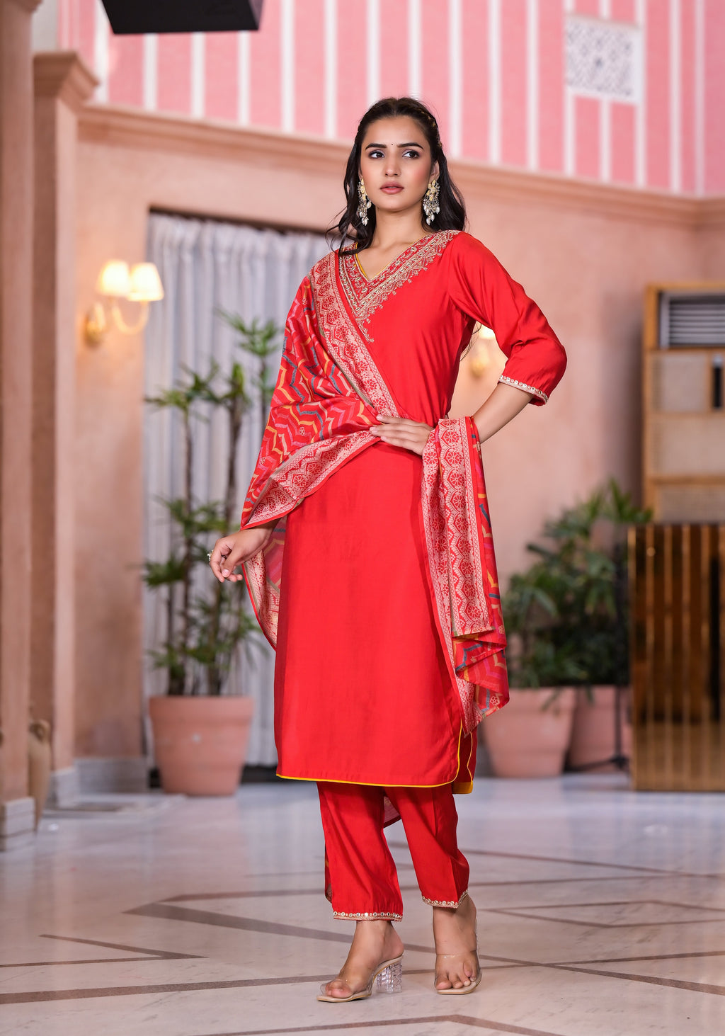 Juniper Women's Red Zari Embroidered Viscose Kurta Set With Mirror Work