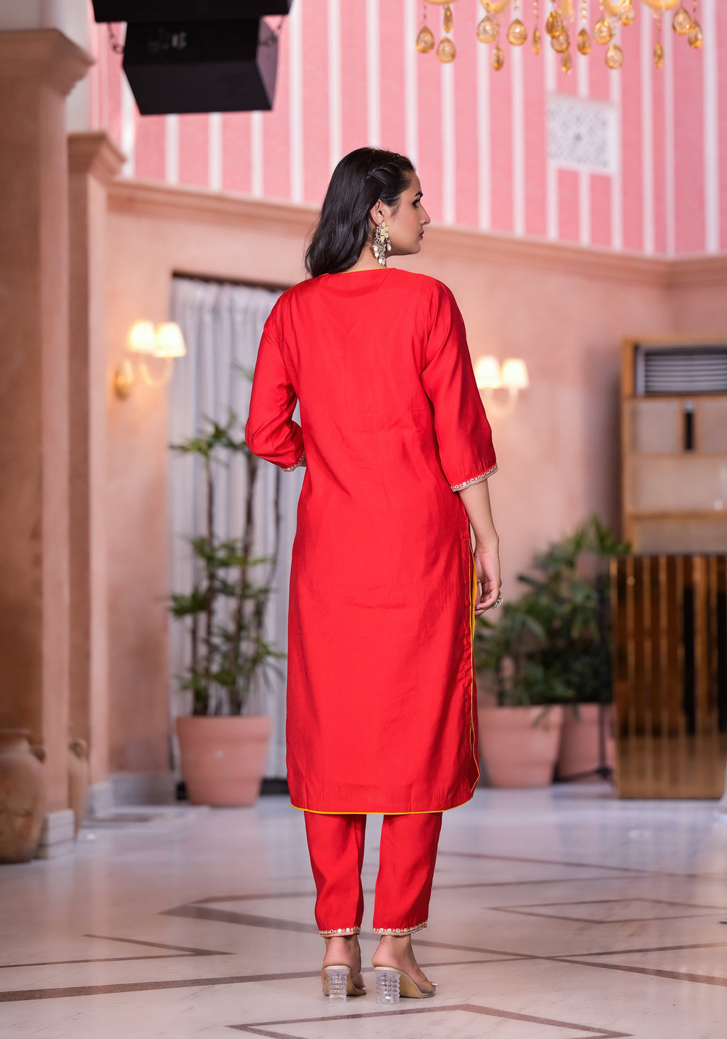 Juniper Women's Red Zari Embroidered Viscose Kurta Set With Mirror Work