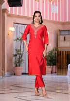 Juniper Women's Red Zari Embroidered Viscose Kurta Set With Mirror Work