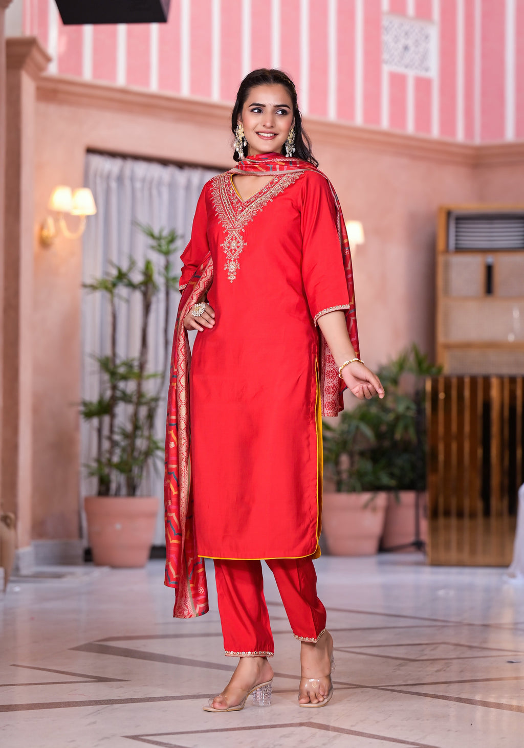 Juniper Women's Red Zari Embroidered Viscose Kurta Set With Mirror Work