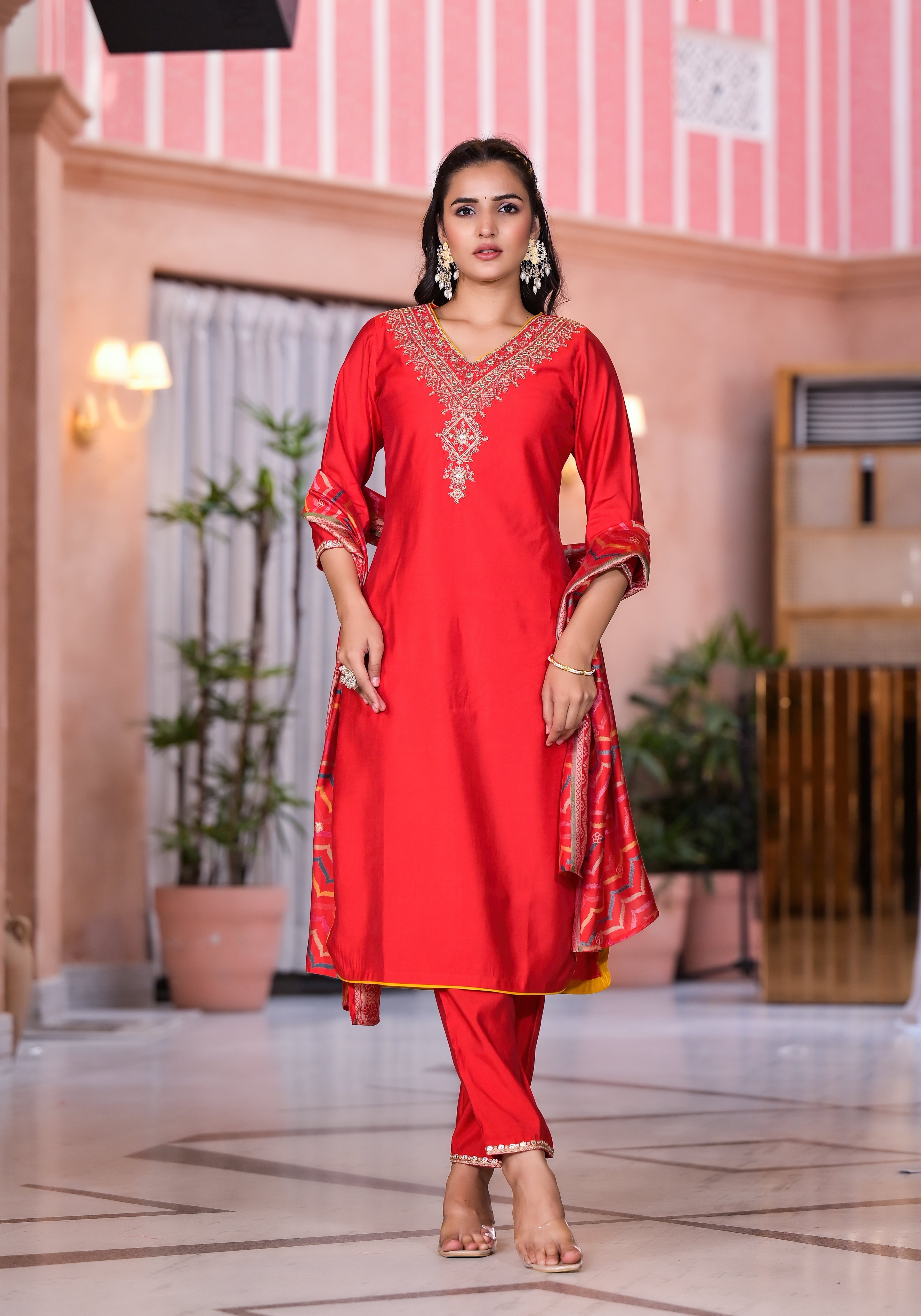 Juniper Women's Red Zari Embroidered Viscose Kurta Set With Mirror Work