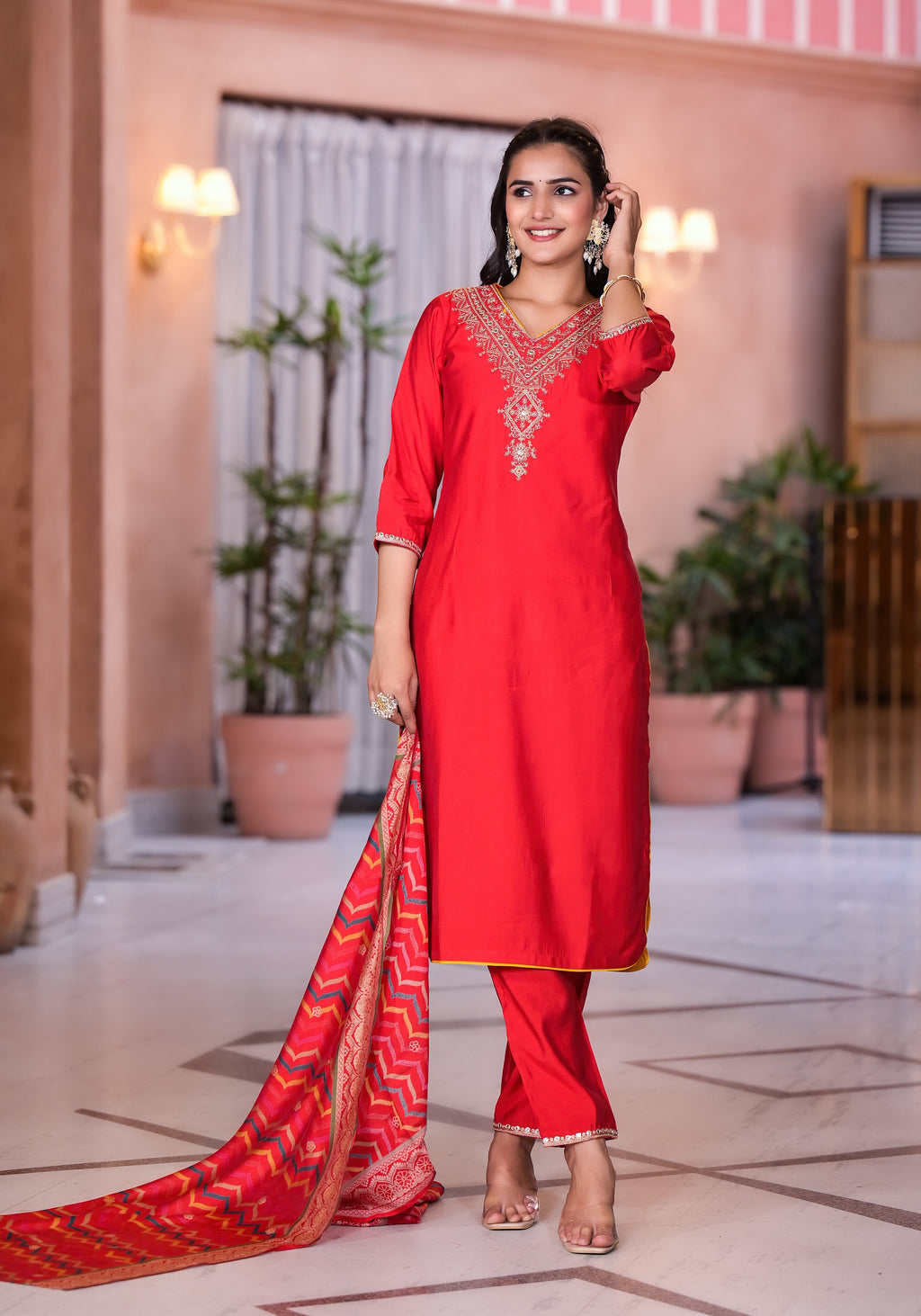 Juniper Women's Red Zari Embroidered Viscose Kurta Set With Mirror Work