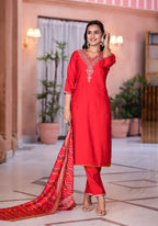 Juniper Women's Red Zari Embroidered Viscose Kurta Set With Mirror Work